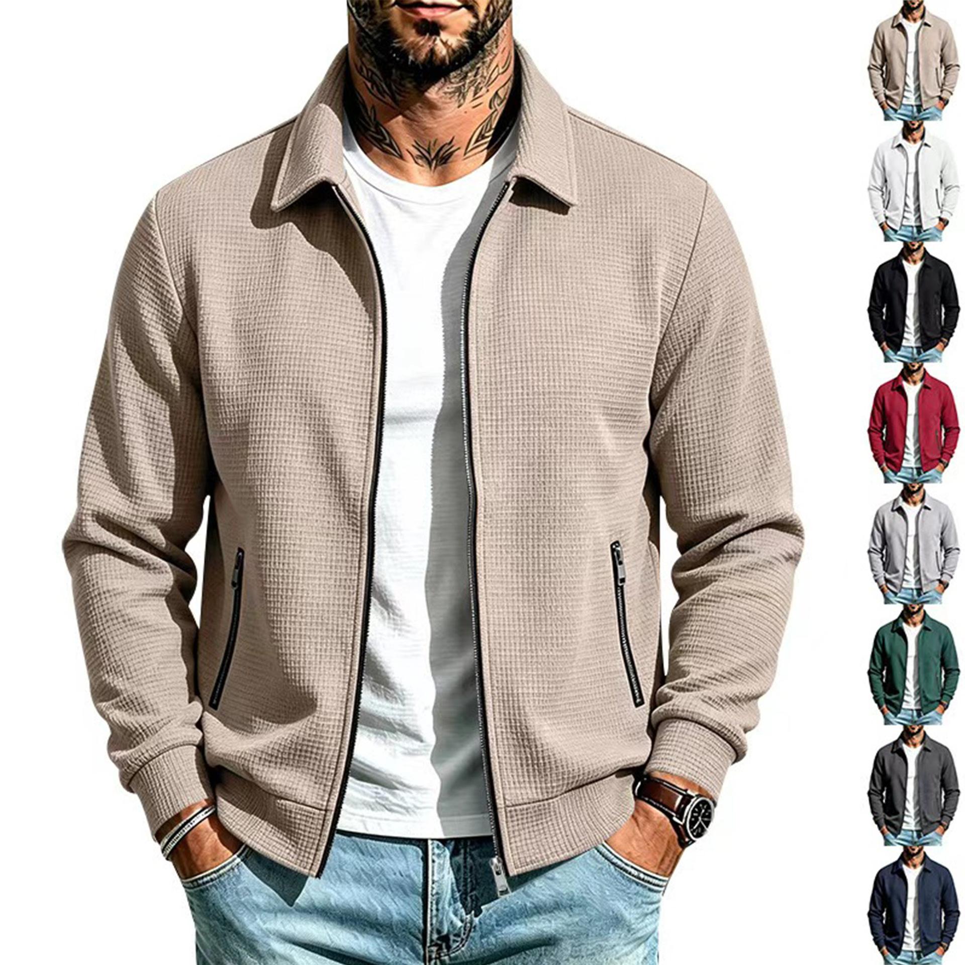 Cross-border European and American Amazon Men's New Autumn/Winter Casual Fashion Versatile Waffle Collar Zipper Jacket