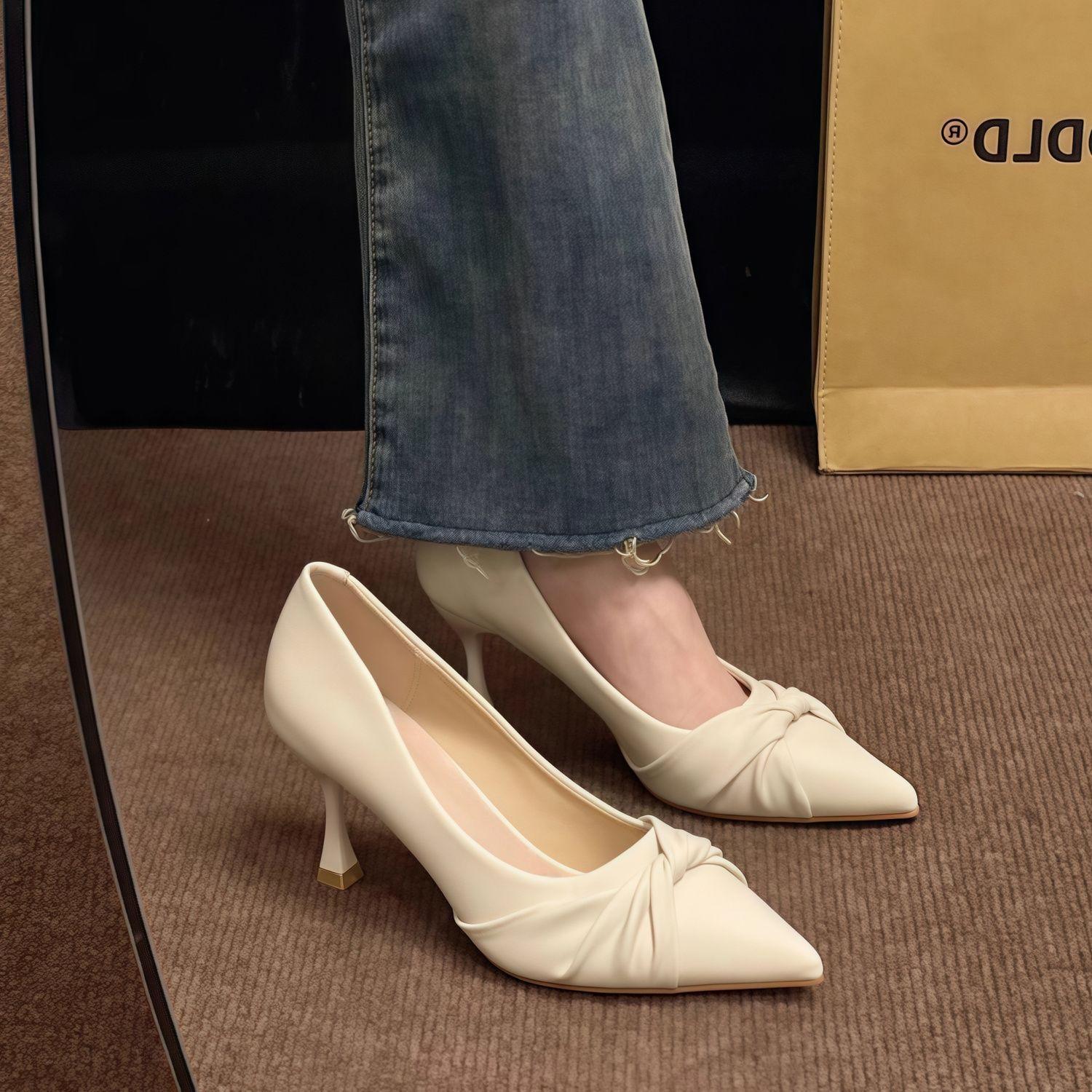 French-style elegant and casual high-heeled shoes for commuting, new soft leather pointed-toe shallow shoes that are comfortable and don't tire the feet, suitable for work, women's single shoes
