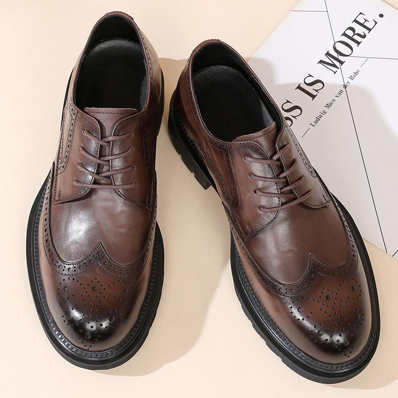 2026 Autumn New Genuine Leather Men's Shoes Brogue Formal Leather Shoes Brown British Style Height-Increasing Business Leather Shoes for Men