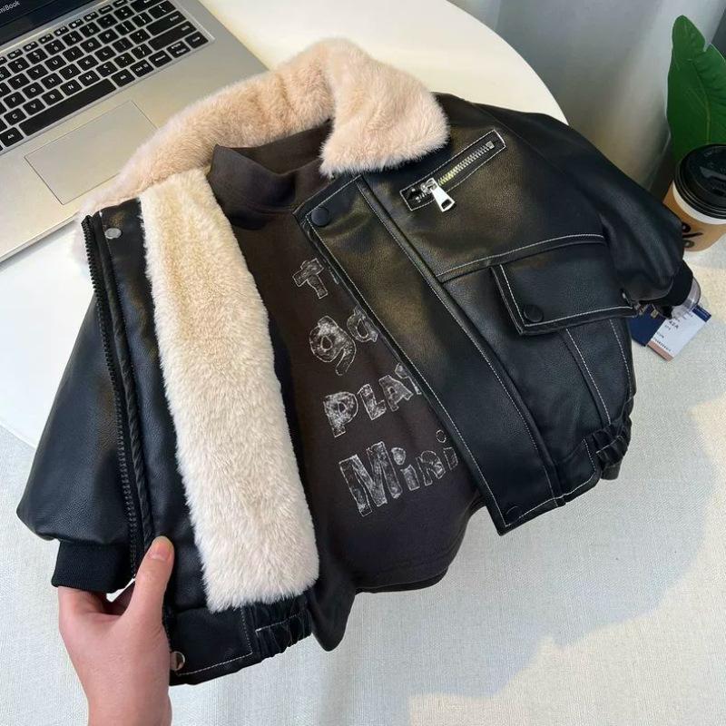 Boys' Fleece-Lined Leather Jacket, Boys' Winter Thickened Coat, Children's Rabbit Fur-Lined Jacket, Baby Boy's Winter Warm Cotton-Padded Jacket