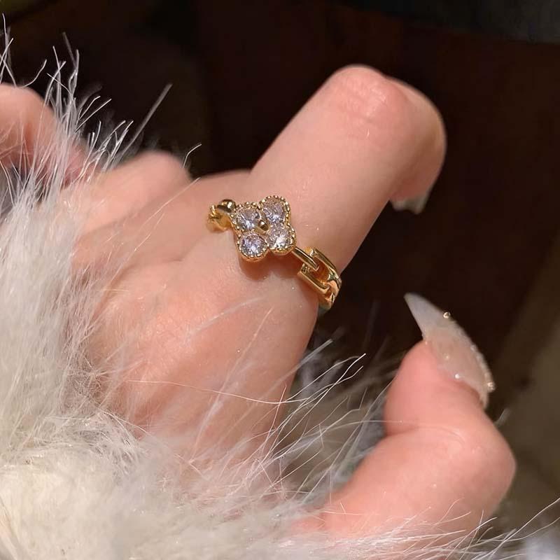 Four-leaf clover ring~full of zircon diamonds, adjustable open ring for the index finger, niche new style lucky leaf ring for women