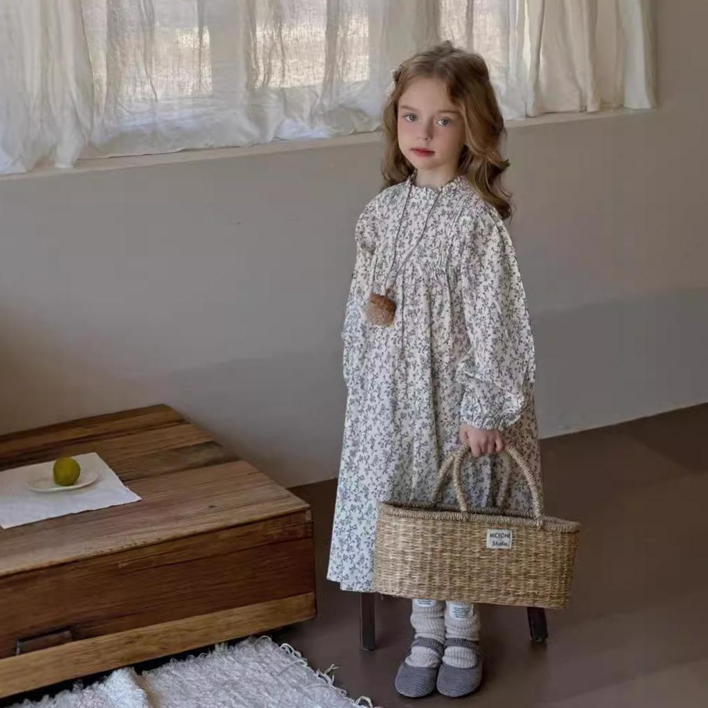 Girls Brushed Dress 2025 Spring New Korean Style Kidsren's Long-Sleeved Princess Dress Baby French Floral Skirt