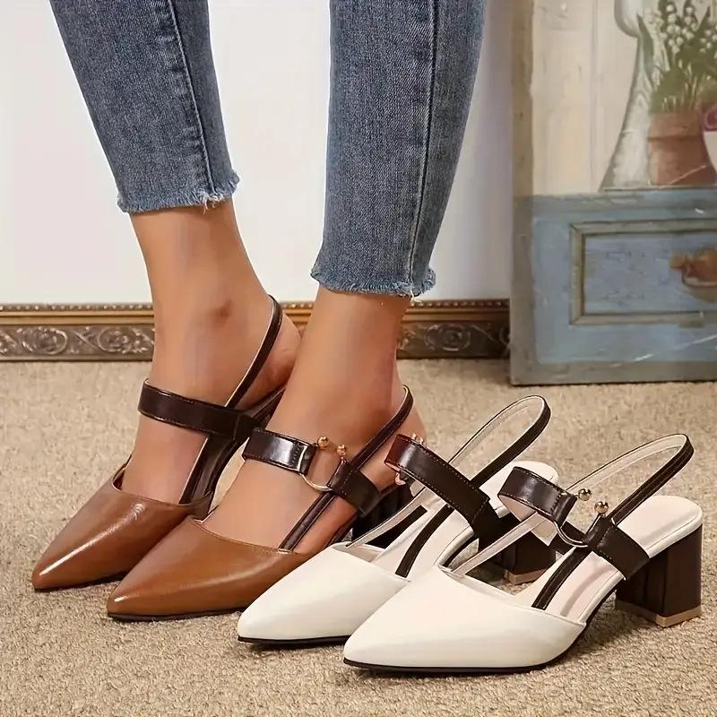 Open-Toe Sandals for Women, Spring and Summer New Style, Pointed Toe, Chunky Heel, Mid-Heel, Ankle Strap, Versatile High Heels