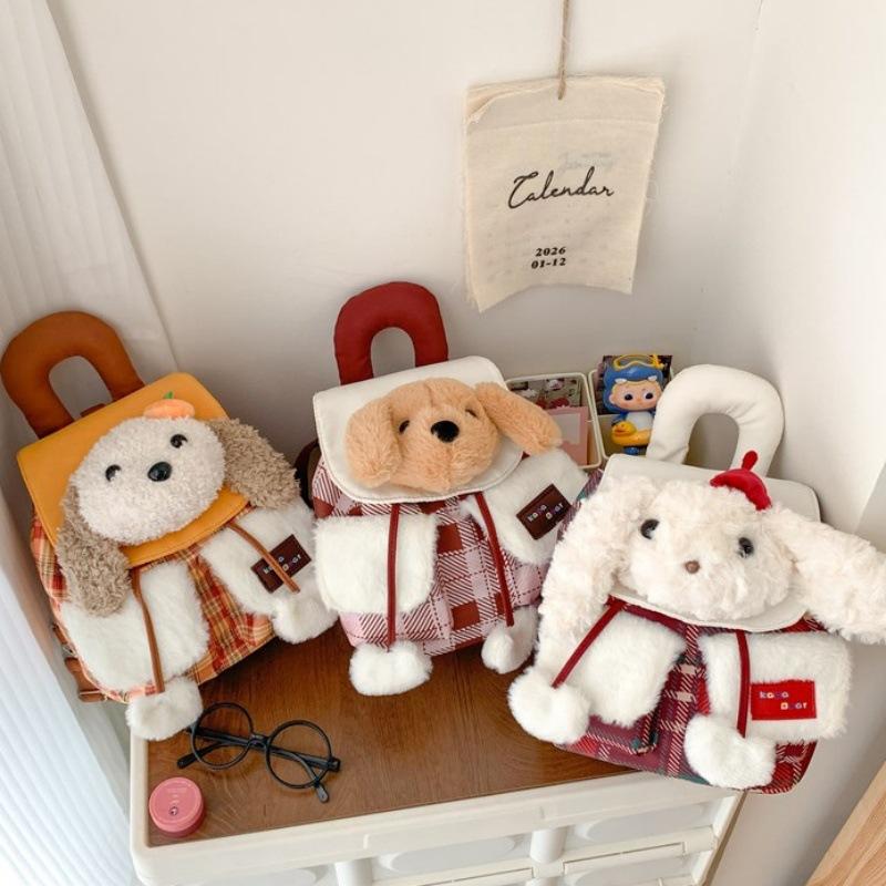 Cute Japanese-Style Cartoon Plush Puppy Backpack Korean Version Trendy New Plaid Drawstring Flap Rabbit Small Backpack
