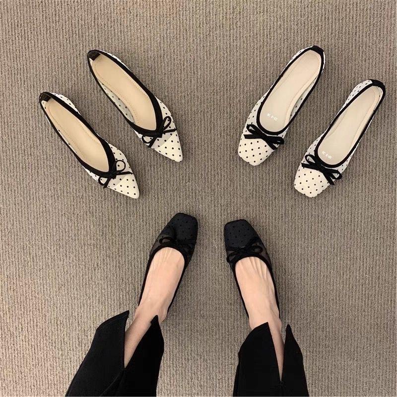 2026 Flat Polka Dot Mesh Fairy Shoes Summer Pointed Toe Bow Soft Sole Shallow Breathable Women's Flats
