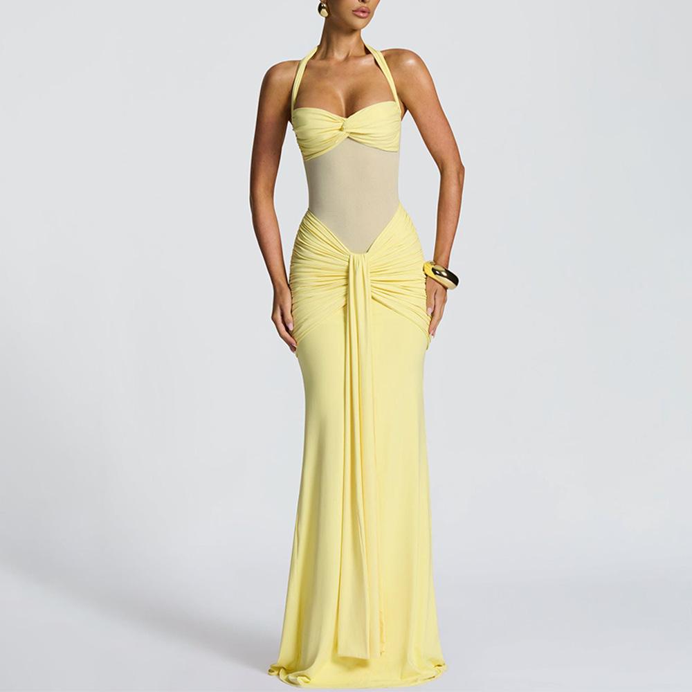 Cross-Border Wholesale European and American Clothing New Style Mesh Splicing Temperament Fishtail Ribbon Dress Skirt Hip-Hugging Dress for Women