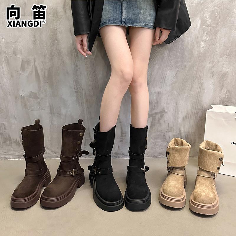 Leather thick-soled height-increasing two-way wear Martin boots for women, 2026 autumn model, versatile British style mid-calf riding boots