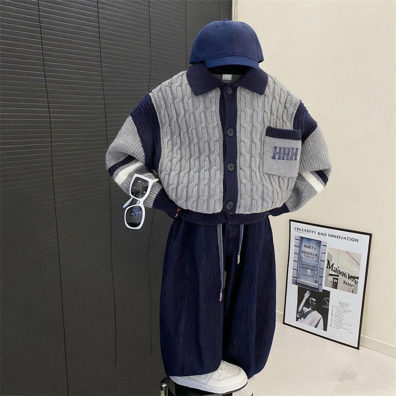Children's Korean Preppy Style Polo Collar Knitwear Boys Autumn and Winter New Kidsren's Clothing Small and Medium-Sized Kidsren's Baby Cardigan Knitwear