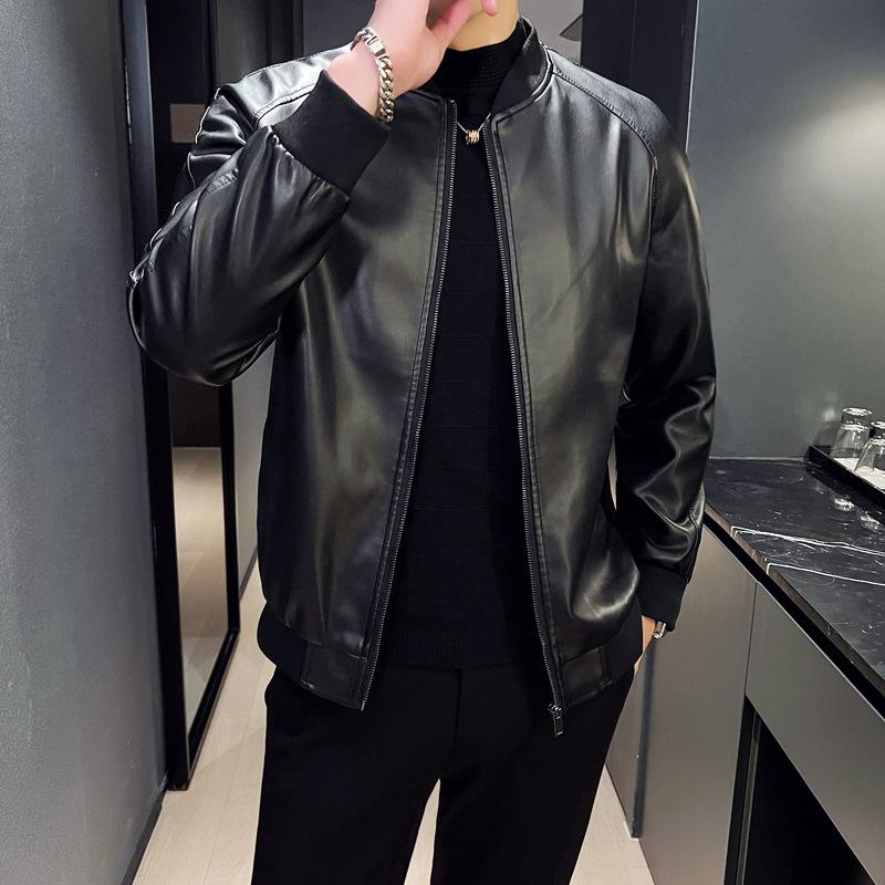 Foreign Trade 2025 Spring and Autumn Motorcycle Coat Teenager Men's Vertical Collar PU Jacket Windproof Warm Casual Leather Men
