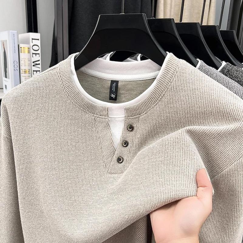Button-collar old money style faux two-piece sweatshirt for men, autumn and winter fashion, patchwork round-neck long-sleeve T-shirt top, base shirt