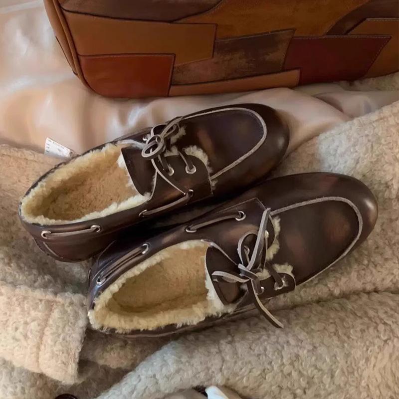 In-Stock Cowhide Version~ New Korean Style Distressed Round-Toe Fleece-Lined Loafers Versatile Genuine Leather Flat Shoes for Women