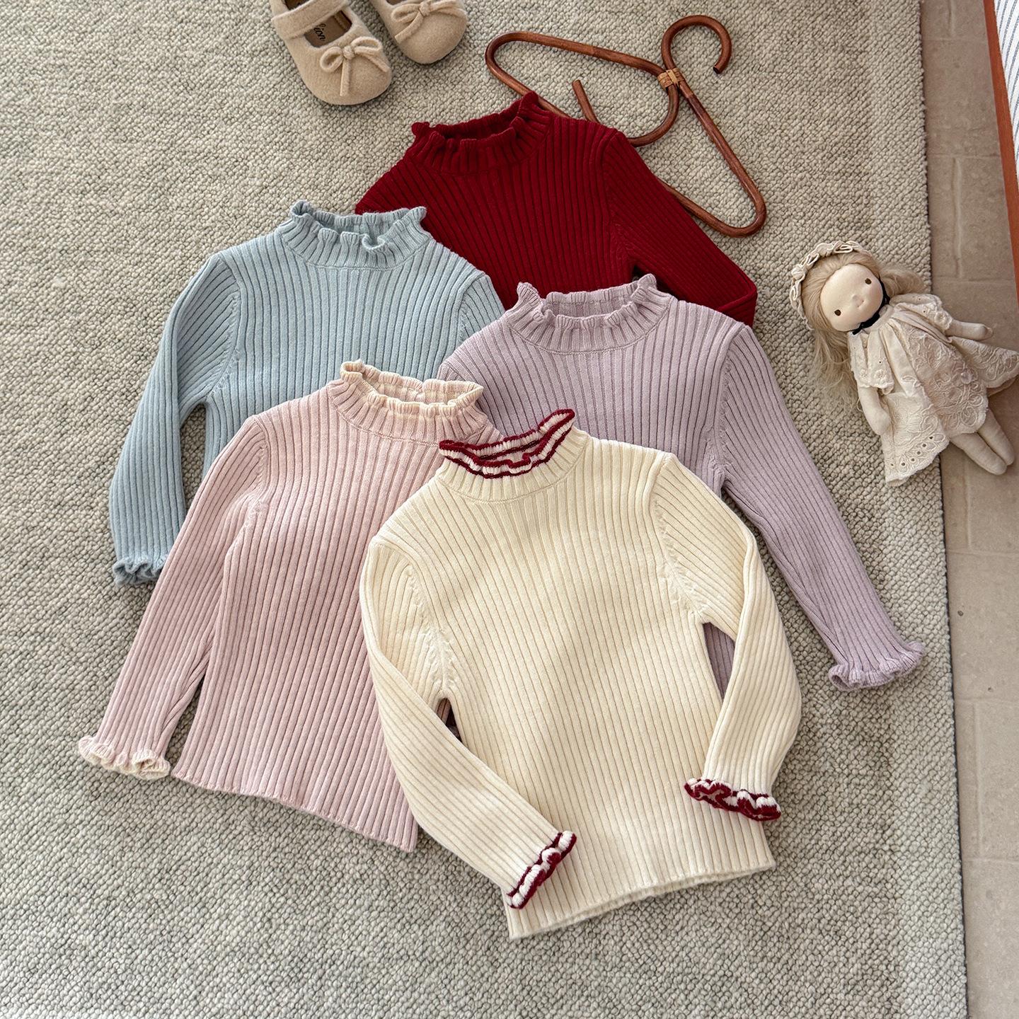 Autumn and winter girls' half-high collar base sweater, stretchy slim-fit long-sleeve knit top, soft and skin-friendly inner wear for baby girls