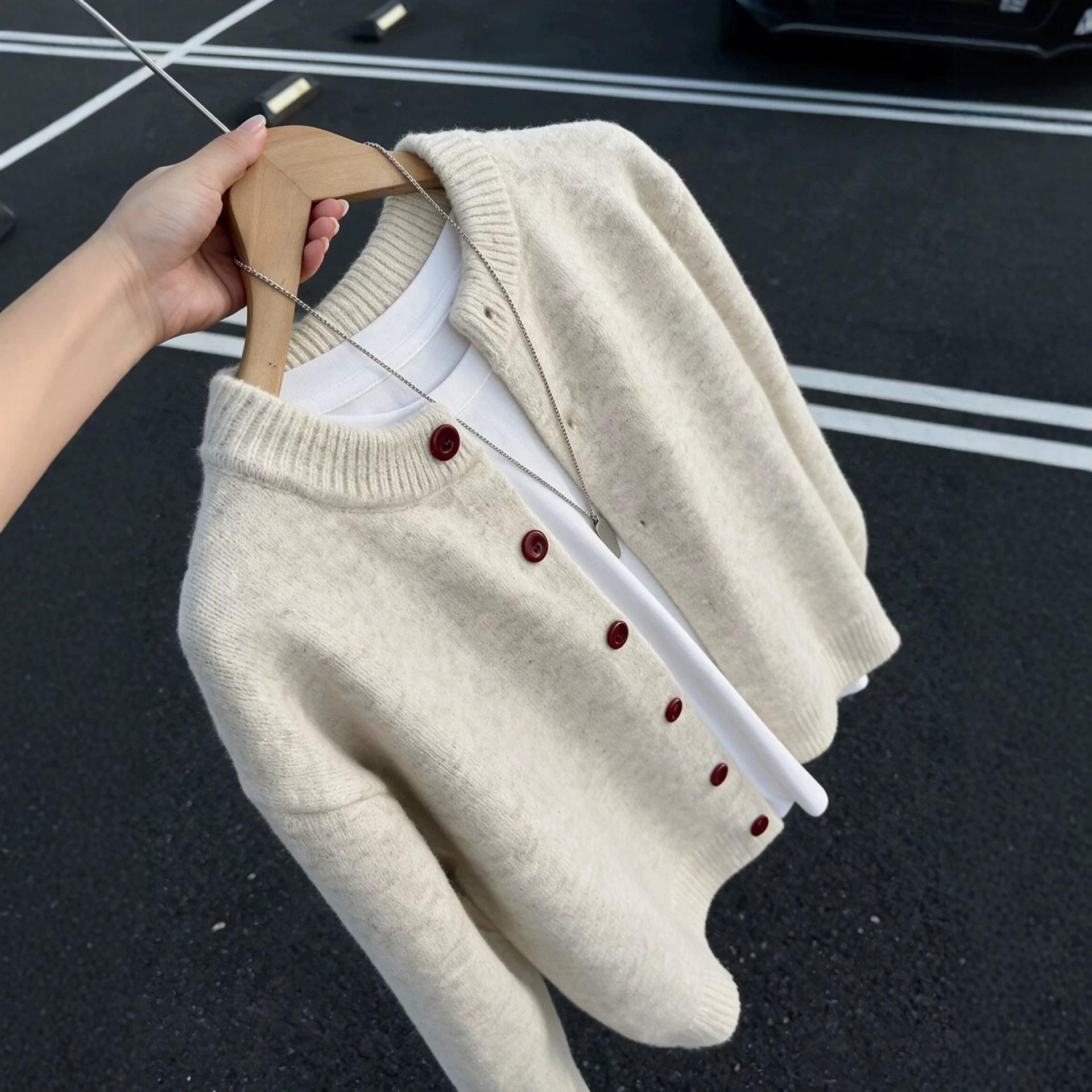 Cleanfit khaki knitted cardigan jacket for men, autumn and spring, high-end round-neck sweater, American retro jacket