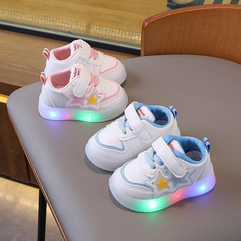 Light up men's baby shoes soft bottom baby toddler shoes women's children's board shoes non-slip white shoes 0-1 year old 2 spring and autumn