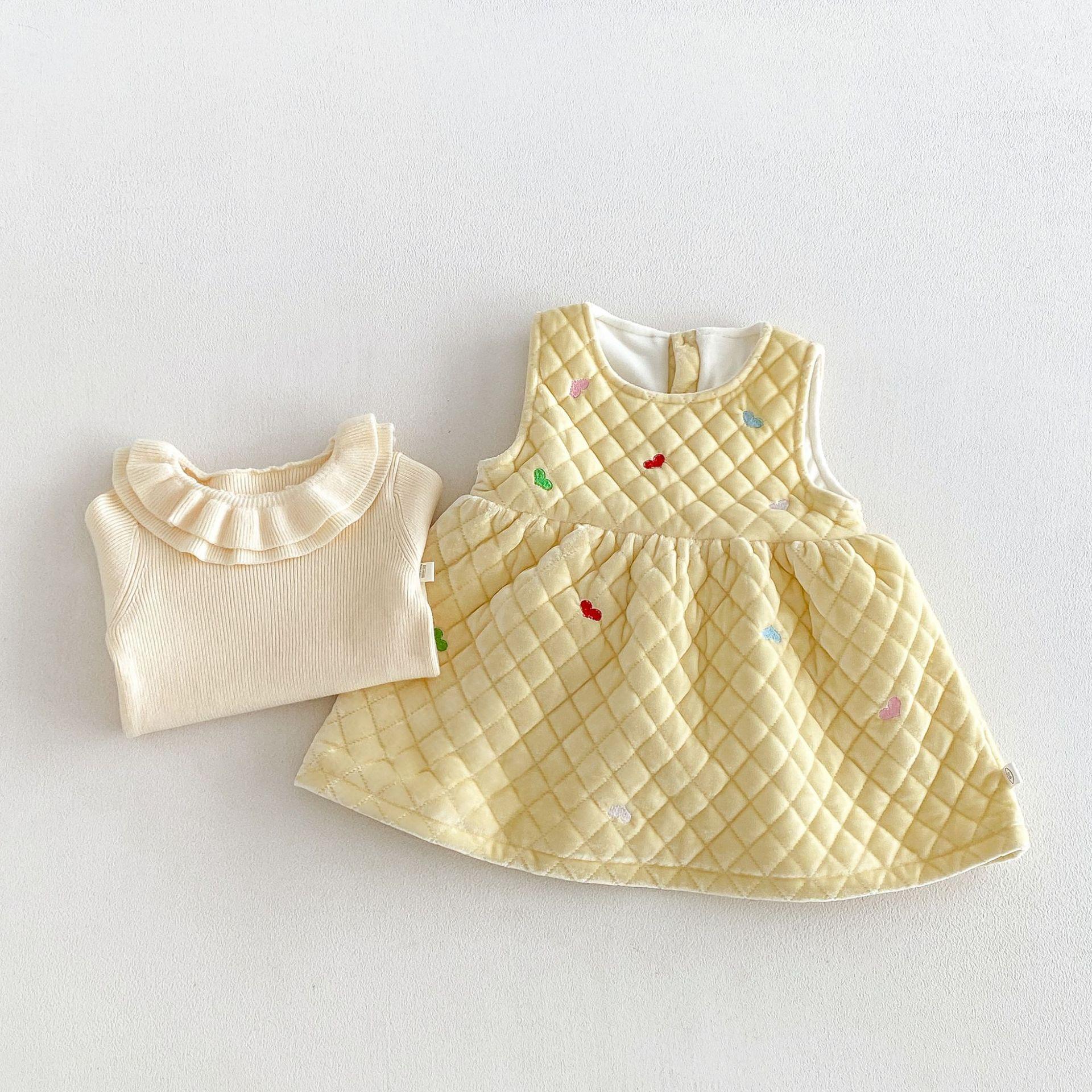 Girls' velvet quilted vest dress, children's quilted dress, baby's embroidered heart-patterned fleece-lined dress, zdq6778