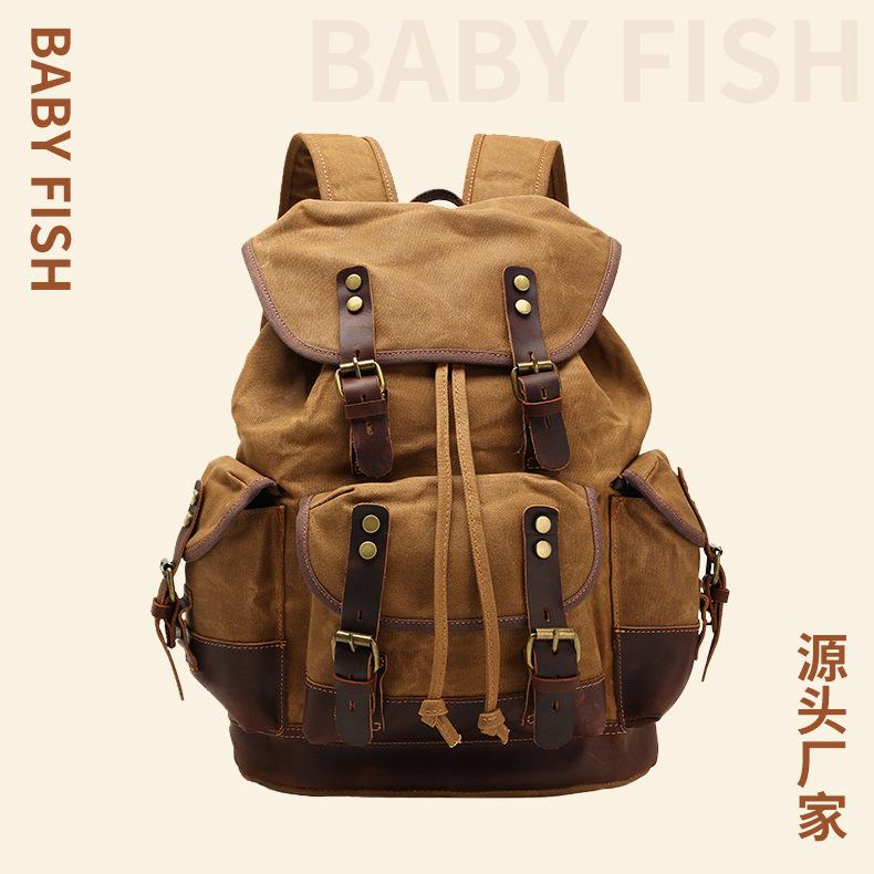 European and American Retro Waterproof Waxed Canvas Bag, Outdoor Hiking Canvas Backpack, Waterproof Multi-Pocket Canvas Backpack