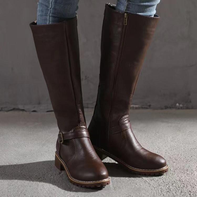 Foreign trade plus size solid color motorcycle boots women 2025 autumn and winter new round head double zipper thick heel low heel high leather boots