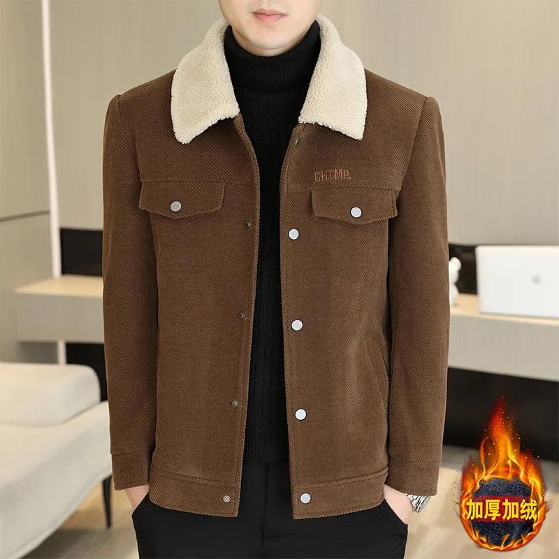 Men's Autumn and Winter Lapel Jacket Pure Color with Fur Collar Cashmere Woolen Jacket Fleece-Lined Warm Middle-Aged Coat