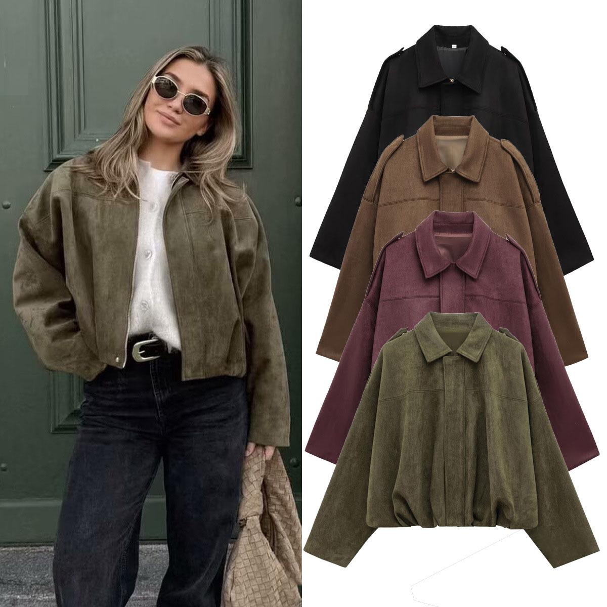 2025 Autumn and Winter European and American Bomber Jacket Bat Sleeve Zipper Loose Suede Texture Tops Women's Casual Tops Women