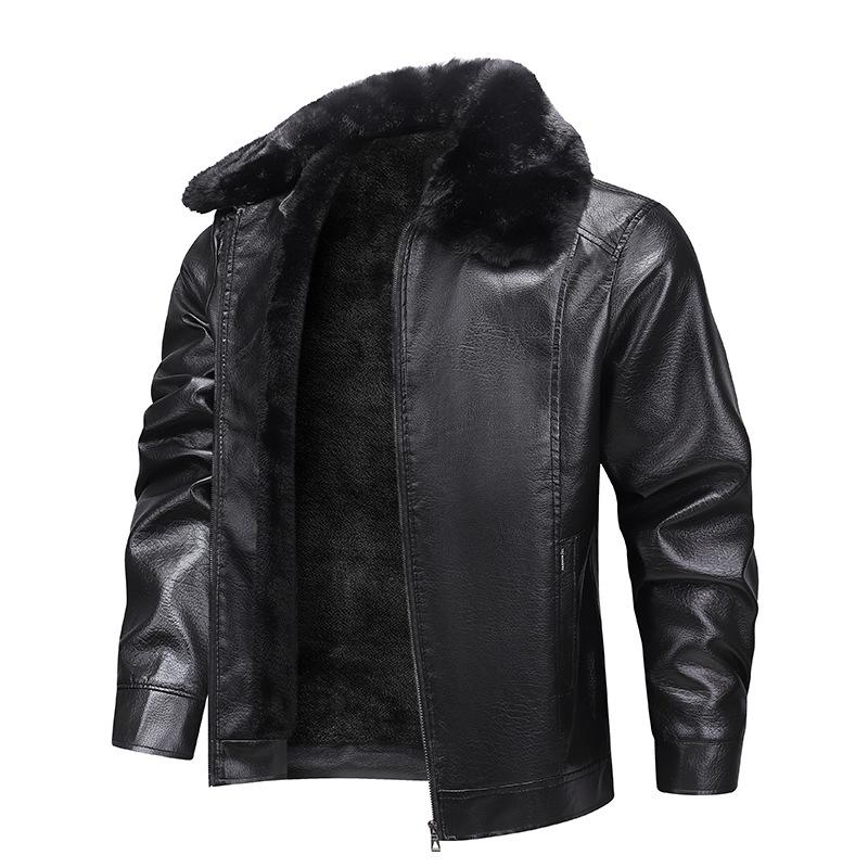 2026 Fleece-Lined Thick Leather Jacket for Men with Fur Collar, Cotton Coat for Men, Windproof and Waterproof Dad-Style Business Jacket for Middle-Aged and Elderly Men