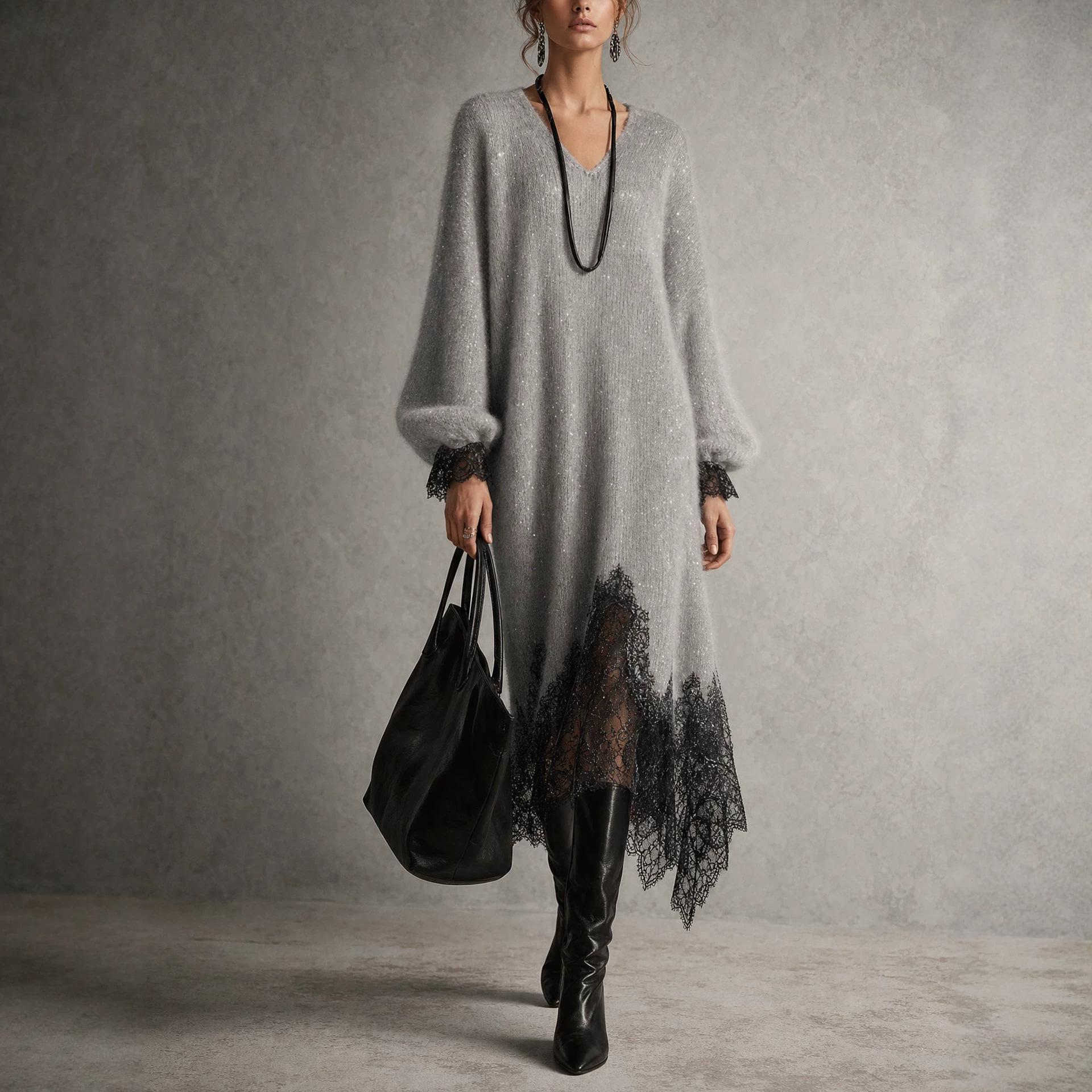 2026 European and American cross-border Amazon independent site elegant casual lantern sleeve knitted lace patchwork dress bestseller