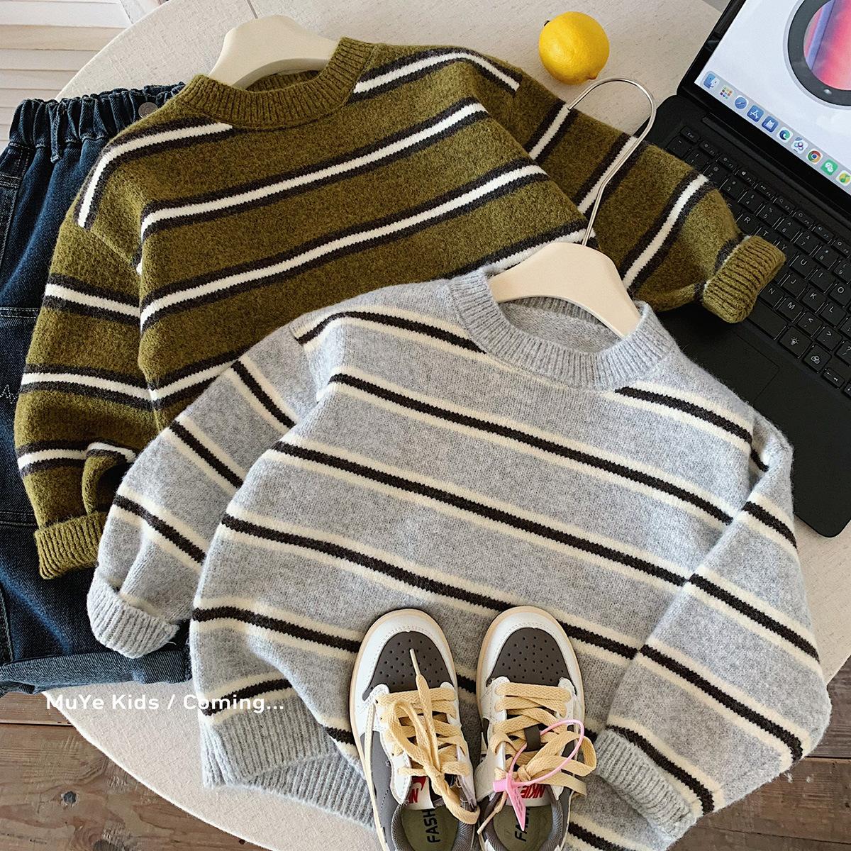 Muye Children's Autumn and Winter Sweater, Casual Style Kids' Clothing, Boys' Korean Version Versatile Striped Knitwear, Baby Fashion Top