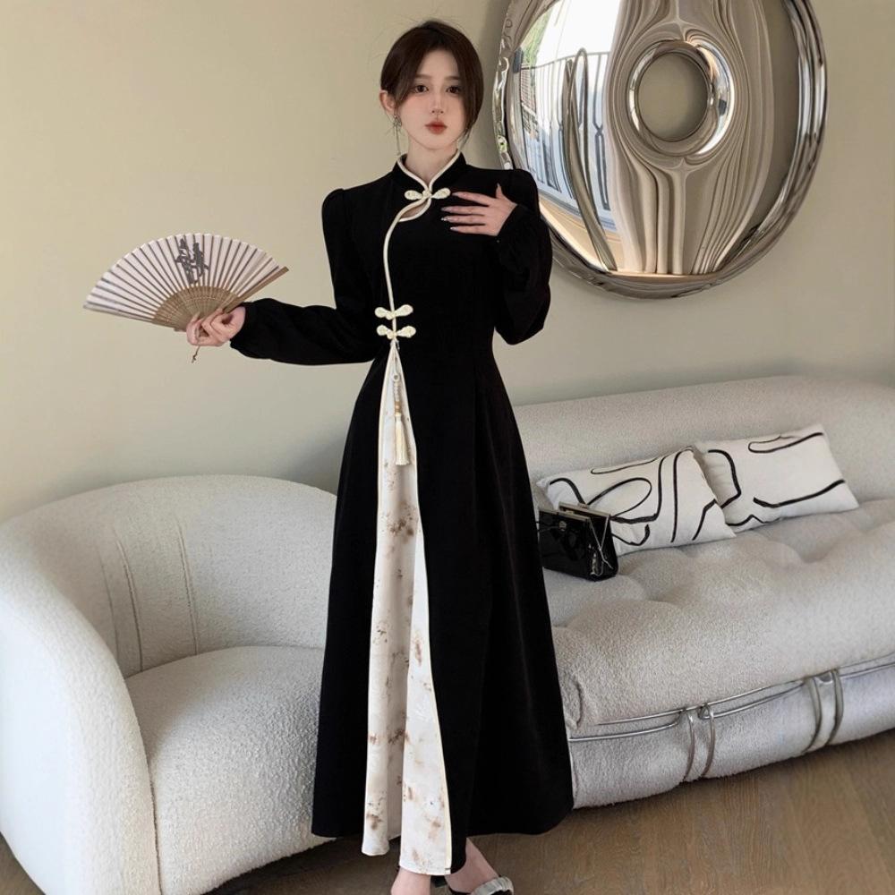 Improved Model, Please See the Actual Product before Placing an Order. Autumn Long New Chinese Style High-End Cheongsam Black Sexy