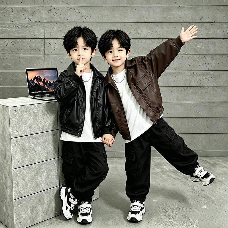 Boys' leather jacket, children's 2026 new spring and autumn stylish trendy streetwear, Korean-style baby jacket