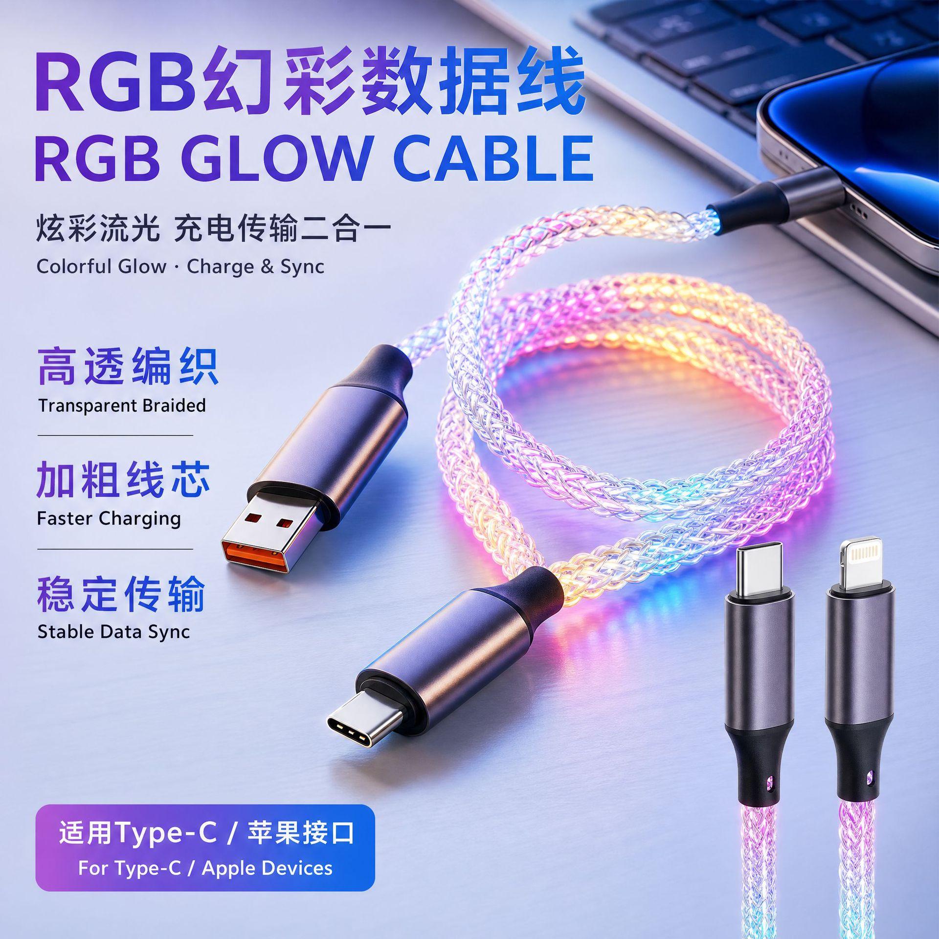 Rgb Three-In-One Charging Cable Data Cable Suitable for Apple Type-C One-To-Three Fast Charging Cable with Flowing Light for Car Use