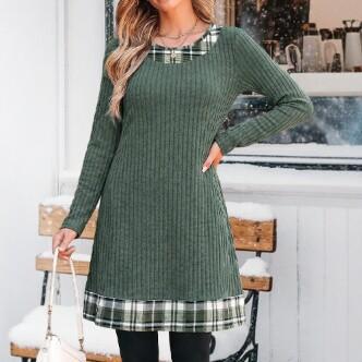 In-Stock 2026 Autumn and Winter New Cross-Border Amazon Knit Dress Elegant Casual Plaid Patchwork Dress
