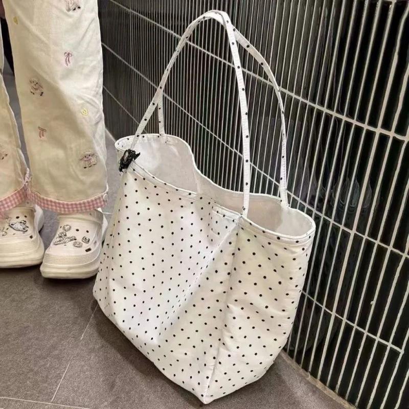 Popular Large-Capacity New Polka-Dot Canvas Bag Korean Style Girl Student Tote Bag Versatile Commuter Shoulder Bag