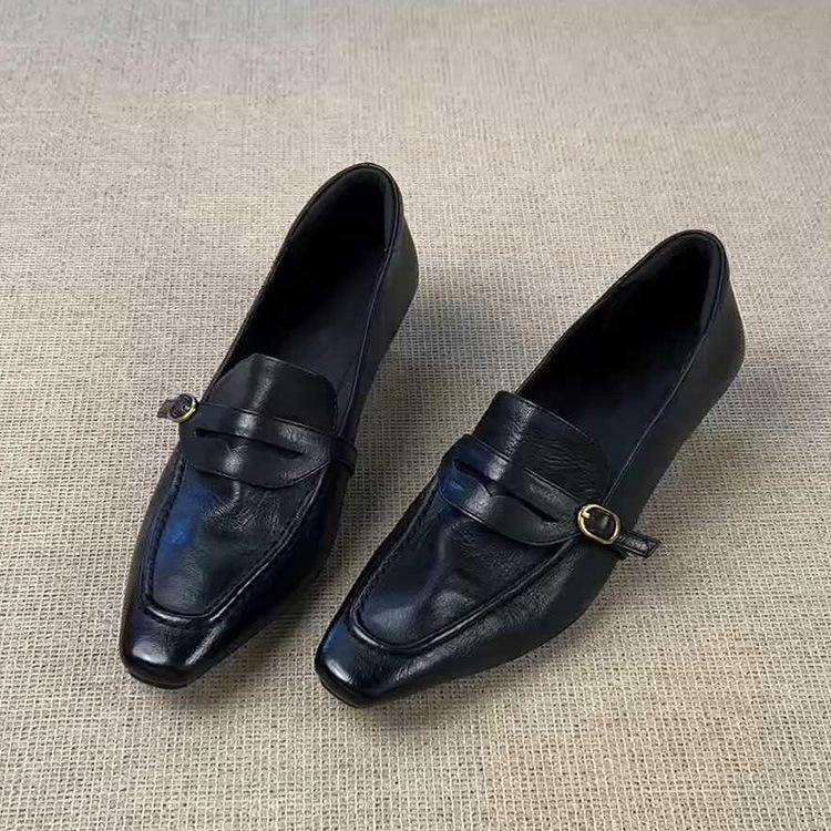[in Stock] Sheepskin Version~ Retro Genuine Leather Versatile Black Slip-On Shoes for Women with Square Toe and Simple Chunky Design