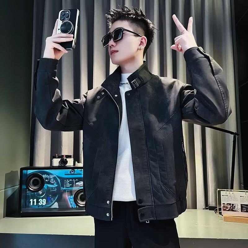 Korean Style Trendy Casual Jacket for Men, Spring and Autumn Solid Color Workwear Stand Collar Jacket, New Spring and Autumn Stylish Cardigan Jacket