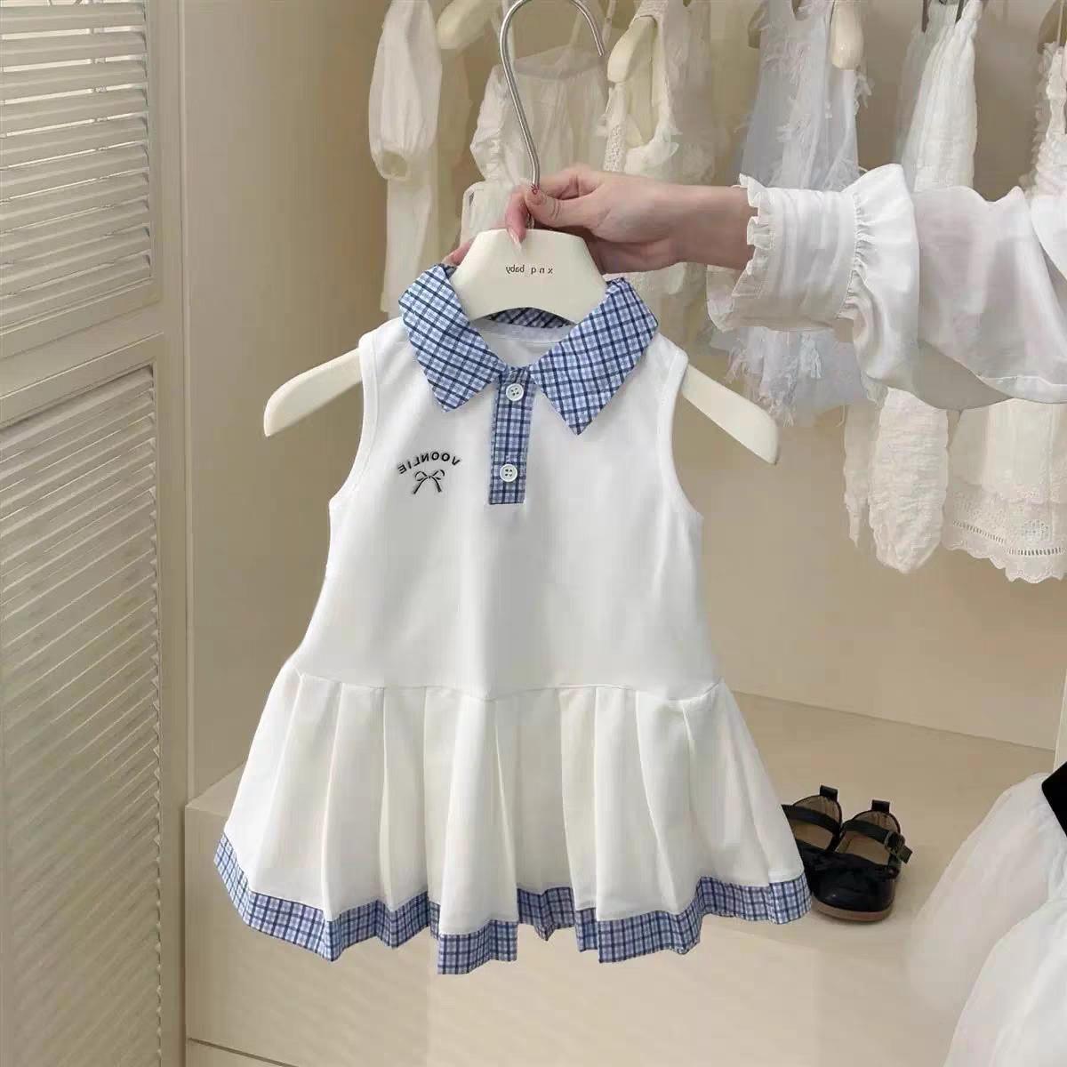 Girls' Summer Dress New Fashionable Children's Polo Collar College Style Sleeveless Princess Dress for Baby Girls