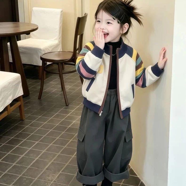 New autumn and winter styles for girls' outerwear: super cute and fashionable color-block striped tops and baby baseball jackets