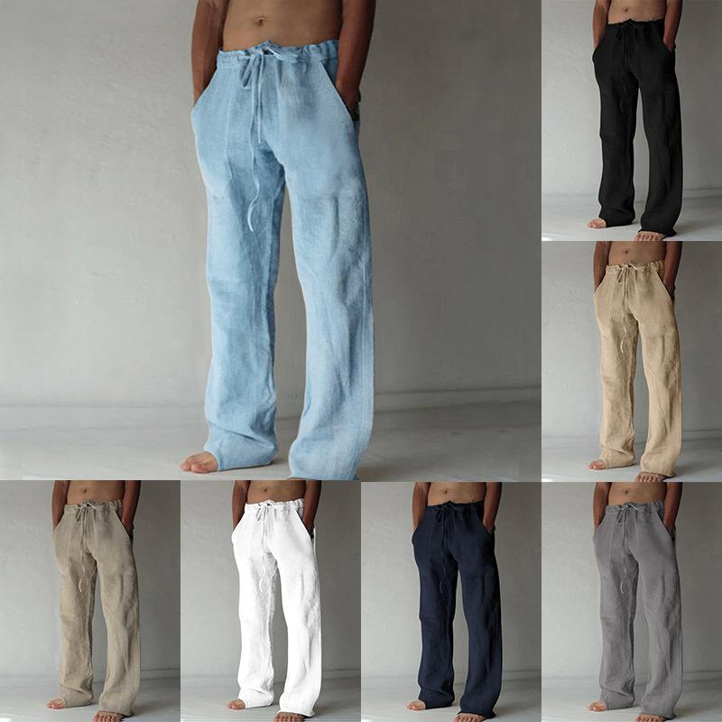 2021ebay AliExpress wish hot new men's trousers hemp casual solid color thin linen men's pants spot