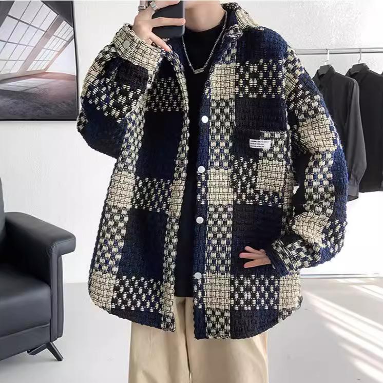 New Trendy Brand Small Fragrant Jacket Men's Plaid Jacket Autum High-End Top Loose Work Jacket Trendy