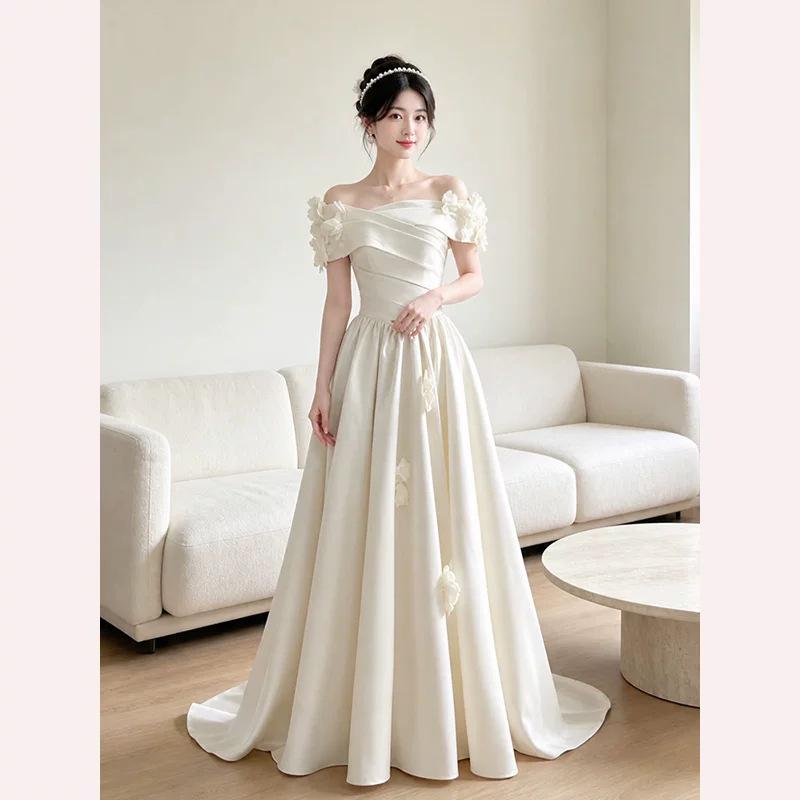 One-shoulder satin elegant bridal gown, high-end and ethereal, French-style reception and wedding return gift dress, outer veil