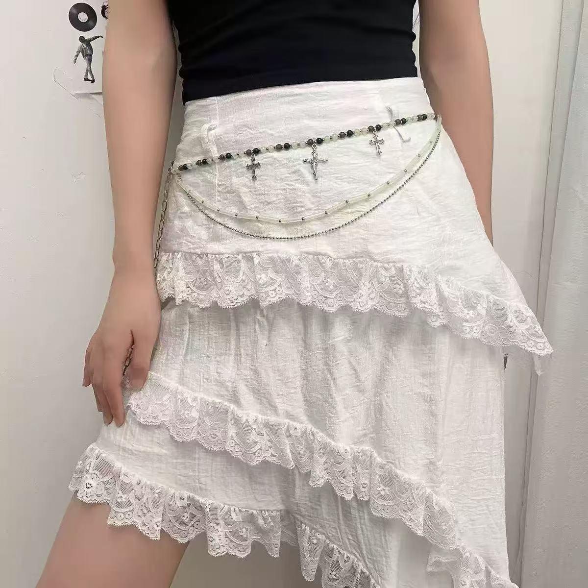 Imitation jade and bamboo bead waist chain for women, featuring a unique cross pendant, multi-layered design, and trendy fashion accessories
