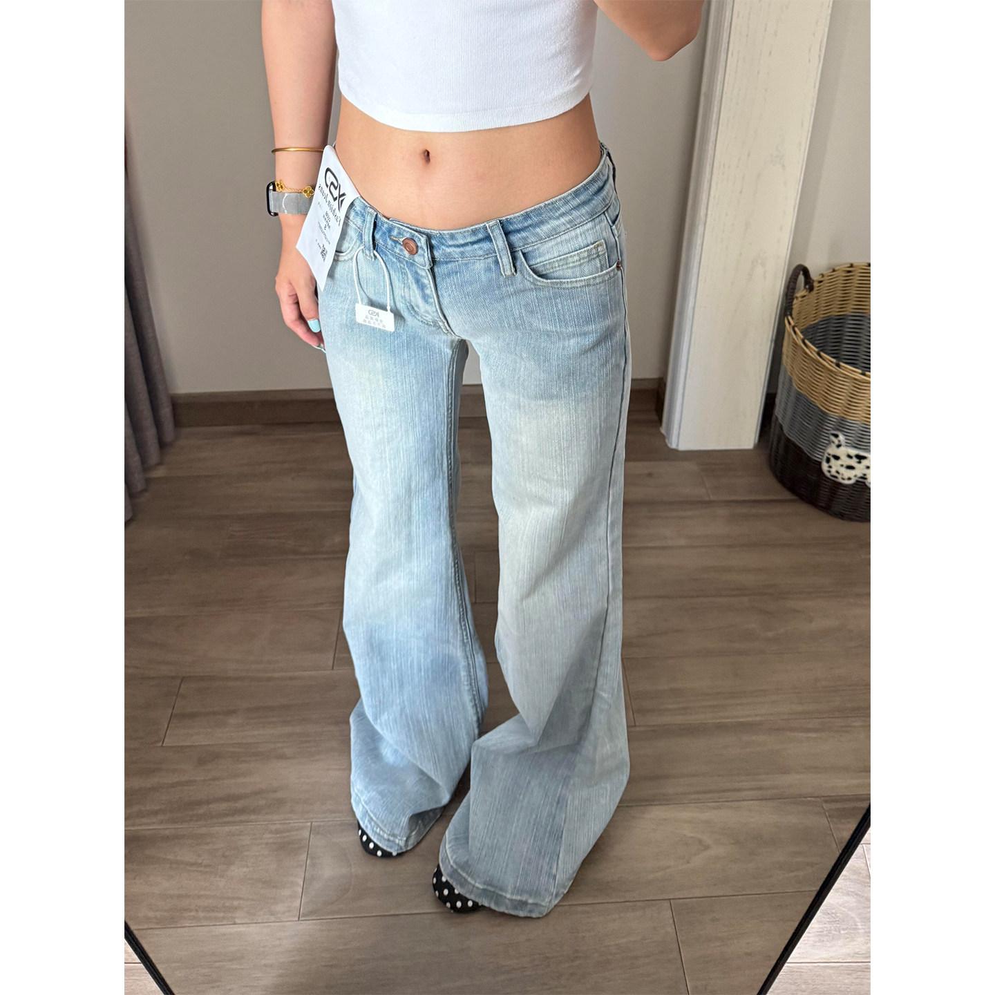 American-style bamboo pattern flared jeans for women, new summer model, low-waisted, vintage, loose-fitting, slimming, straight-leg bell-bottom pants
