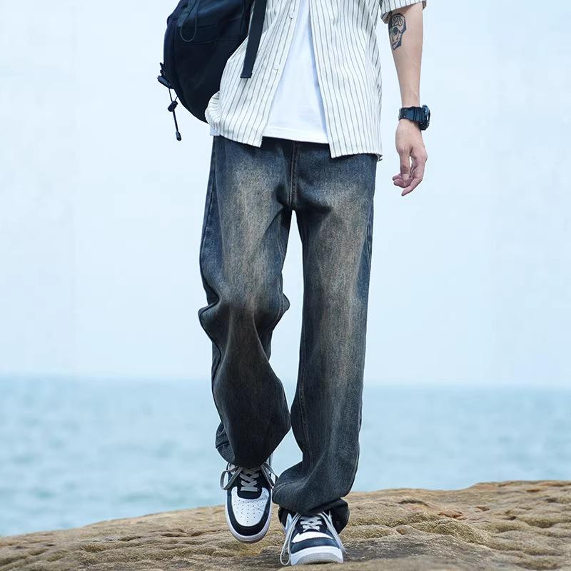 Autumn Washed Denim Jeans for Men, New Trendy Brand, Loose Fit, Versatile Straight-Leg American High Street Retro Wide-Leg Casual Pants
