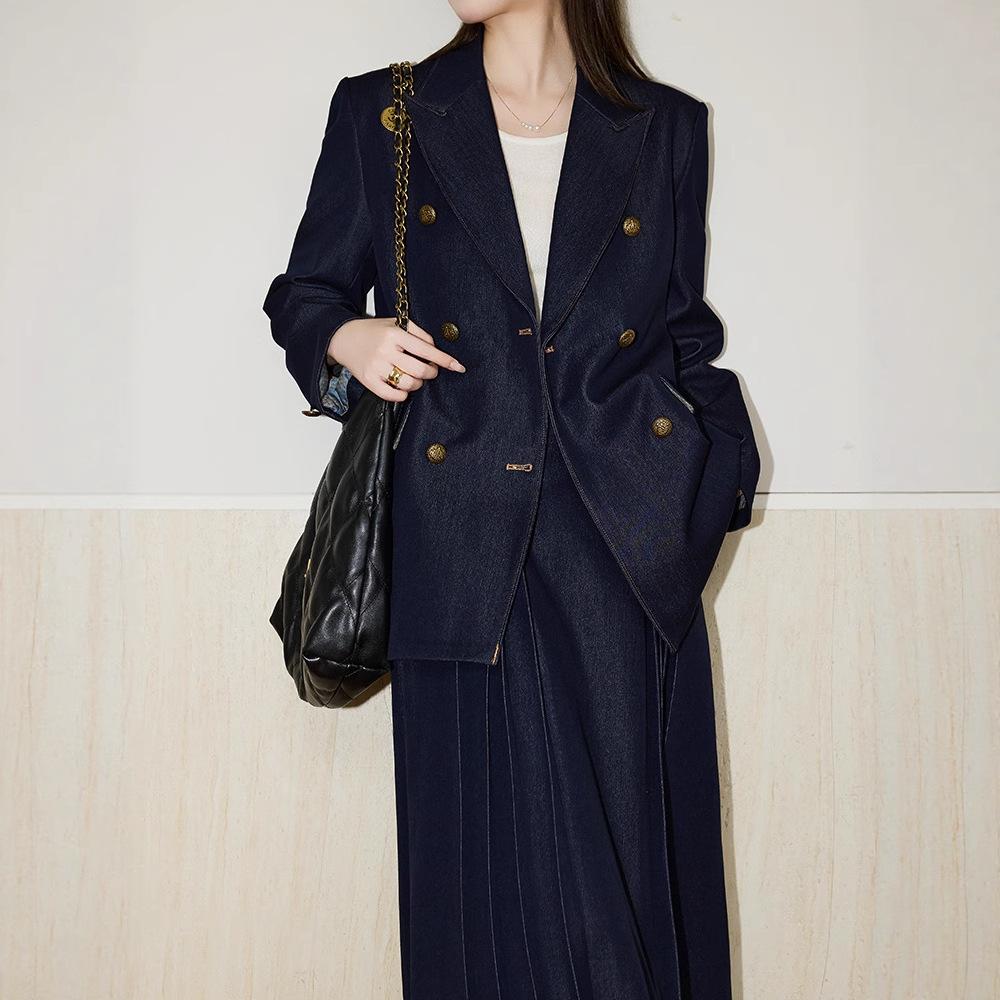 Blazer Women's Double-Breasted Twill Design + Draped Skirt Autum Twill Retro Elegant Long Skirt
