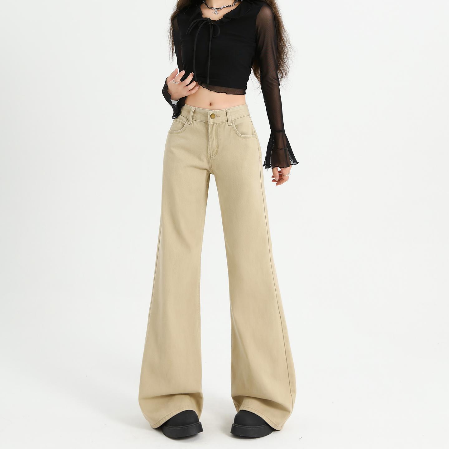 Khaki Flared Jeans for Women, Loose Wide-Leg Style, 2026 New Low-Waist Flared Pants, Non-Tight-Fitting Women's Pants