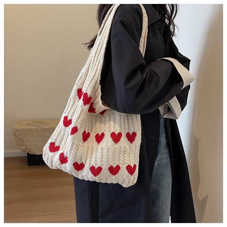 2023 new ins bag cross-border knitted bag love pattern bag woven bag large capacity tote bag