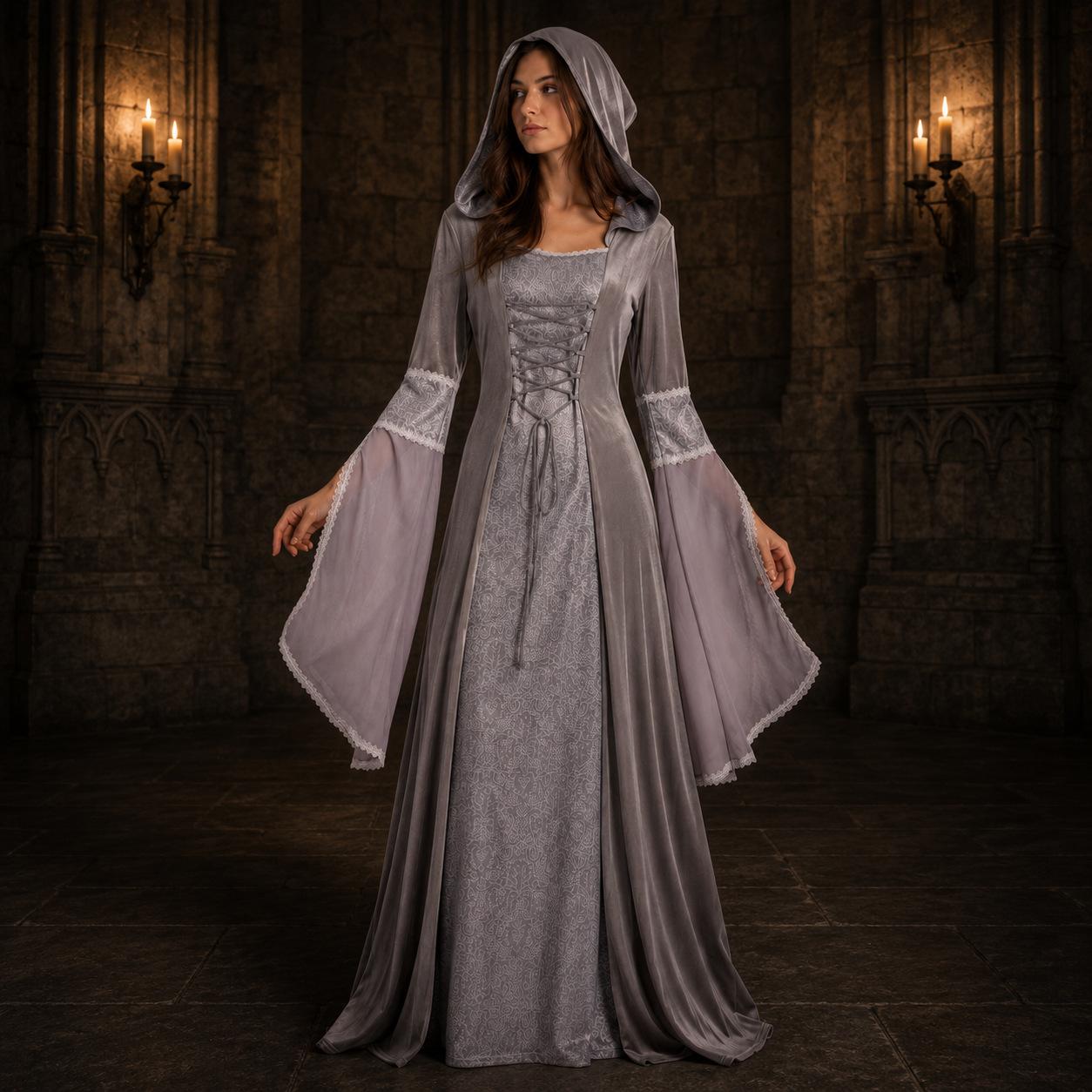 Medieval hooded long dress, vintage-style wedding gown, corset dress, cosplay costume, role-playing outfit