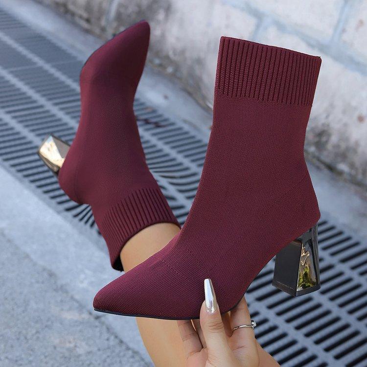 Knitted elastic sock boots for women, 2025 spring/autumn single boots, European and American style pointed toe chunky high heels, slimming Martin boots