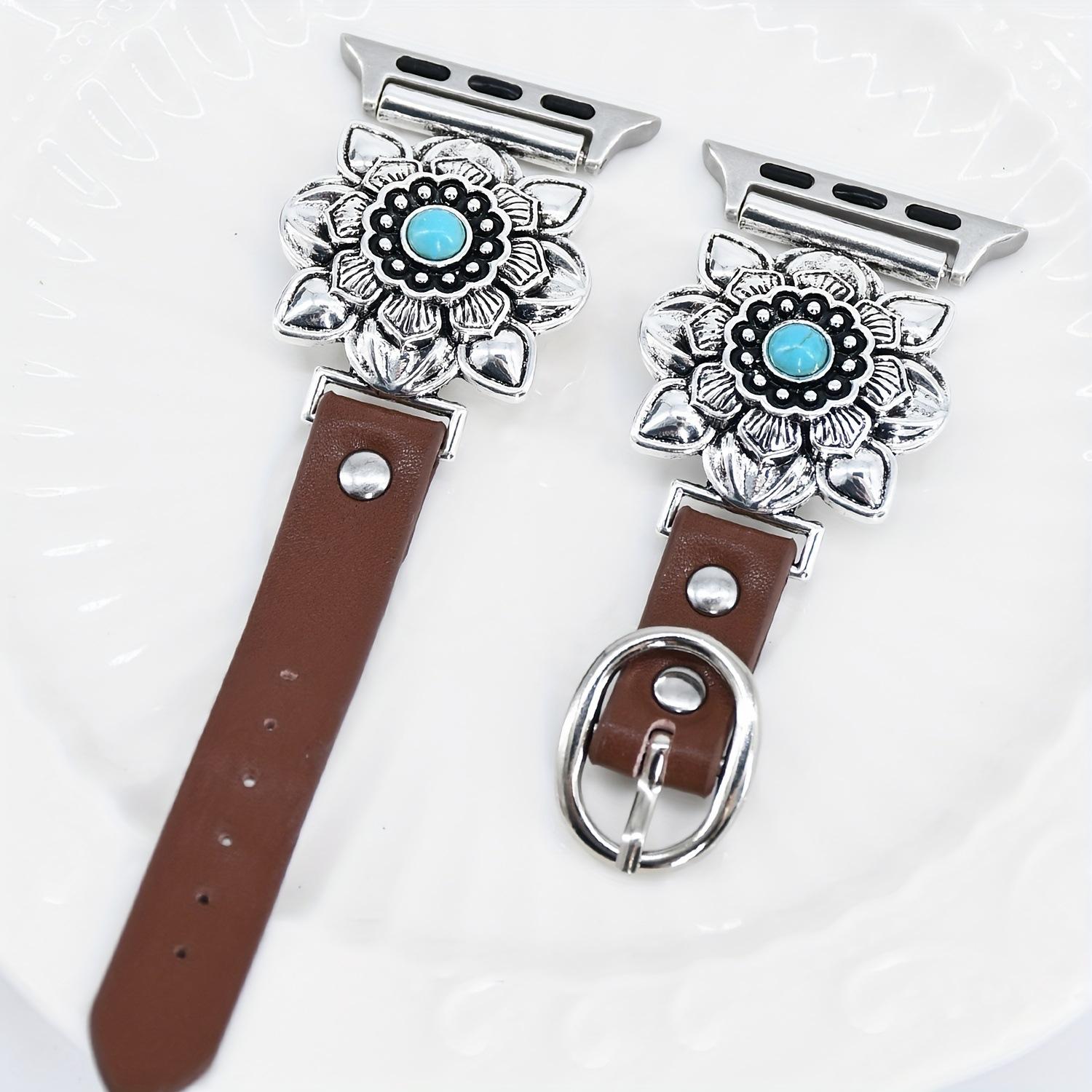 Retro Breathable Pu Leather with High-End Metal Embellished Turquoise Watch Strap Suitable for Apple Samsung Huawei