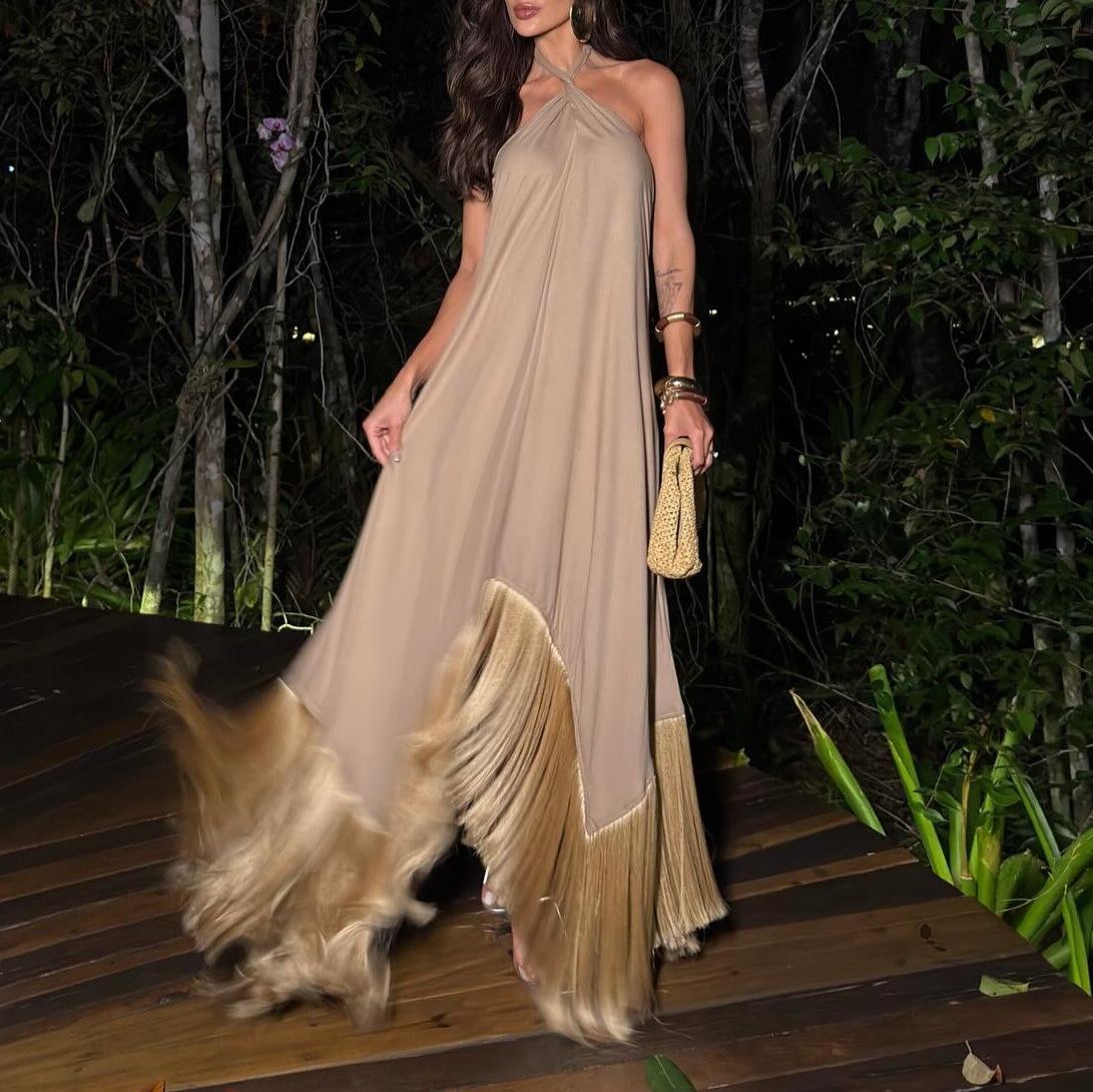 Gy27055 Cross-Border Elegant Halter Neck Tassel Party Evening Dress Long Dress
