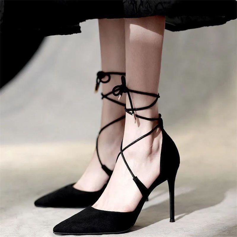 2025 Spring and Autumn New Style Fresh French-Style Girl's High Heels Pointed Toe Cross-Strap Thin Heel Suede Fashion Pumps