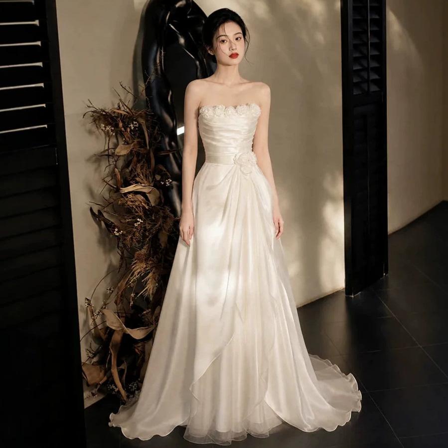 Bralette-style, ethereal French-style, stunning light wedding dress, perfect for welcoming guests, a simple white dress for engagement, wedding, or banquet, and a morning gown or formal dress